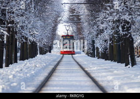 PRAGUE, CZECH REPUBLIC - February 4, 2019: Modern tram in winter Prague, sightseeing trip on modern tram in snowy street nearby Prague Castle. Trees a Stock Photo