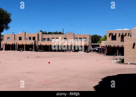 Tesuque Pueblo in Santa Fe County, New Mexico, United States of America with houses, homes, buildings. View of a small Native American village in the  Stock Photo