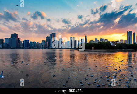 Beautiful sunset over emirate of Sharjah skyline in the Uinted Arab Emirates Stock Photo