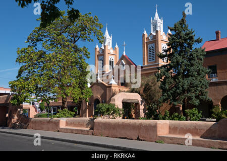 Exterior of San Felipe De Neri church in Santa Fe, New Mexico, United States of America. View of old religious American building in the US. Catholic r Stock Photo