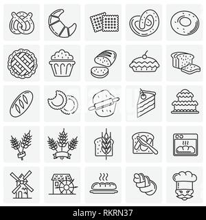 Bakery outline icons set on squares background for graphic and web design, Modern simple vector sign. Internet concept. Trendy symbol for website design web button or mobile app. Stock Vector