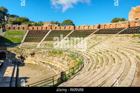 Panoramic view of the ancient Greek Theatre (Teatro Greco) in Taormina. Sicily, Italy Stock Photo