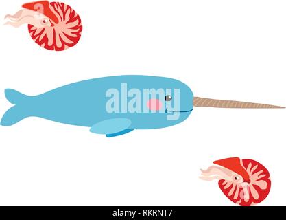 vector cartoon animal clipart narwhal cute nautilus Stock Vector