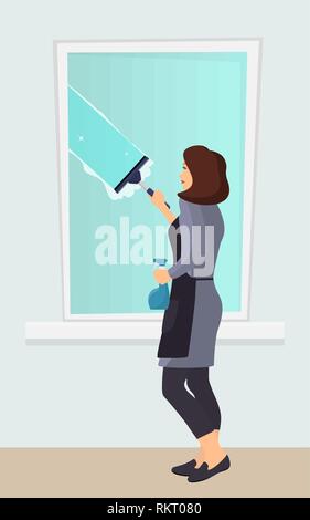 Woman washing the window with a scraper. Window cleaning. Scraper glides over the glass, making it clean. Spray glass cleaner in hand. Vector illustra Stock Vector