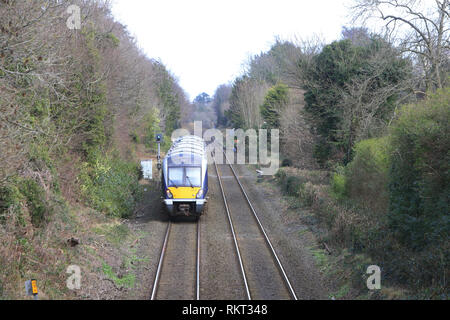 The Belfast to Bangor railway line at Cultra, County Down, Northern Ireland. The Class 4000 is a type of diesel multiple unit in service with NI Railways. Although the trains are externally similar to the C3K fleet, internally they have significant differences. Each three-car train has a seating capacity of 212,[8] with fewer table bays and extra standing room.[6] They have one toilet compared to the C3K's two.[8] They have a new traction system, with an MTU 390kW engine providing power to both the traction motors and auxiliary generators. With a train being four tonnes lighter than a C3K unit Stock Photo