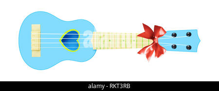 Musical instrument - Front view gift blue child baby ukulele acoustic guitar a red bow isolated on a white background. Stock Photo