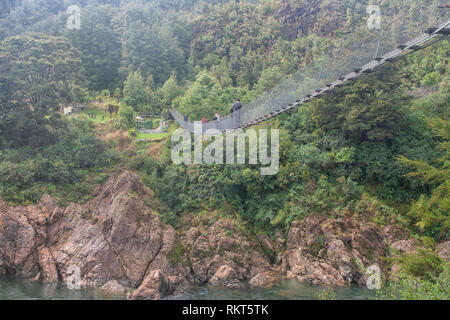 People on a large suspension bridge above river in New Zealand Stock Photo