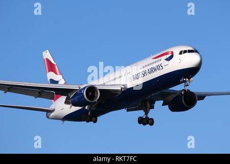 LARNACA, CYPRUS - MAY 17, 2014: British Airways Boeing 767-300ER lands in Larnaca International Airport. British Airways is the flag carrier of the UK Stock Photo