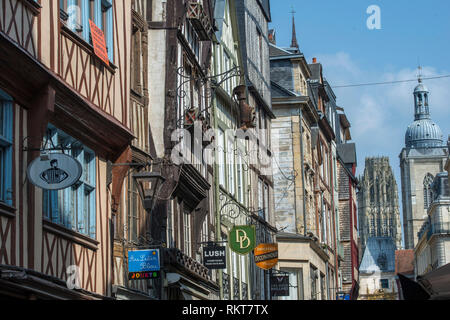 Rouen (Normandy, northern France): 'rue du Gros Horloge' street in the city centre *** Local Caption *** Stock Photo