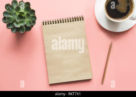 Sketchbook, cactus and cup of coffee. Top view with copy space. Creative flat lay for inspiration. Working process. Flat lay slyle. Stock Photo