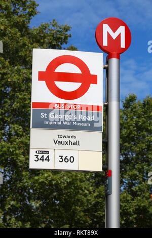 LONDON, UK - JULY 7, 2016: Bus stop sign in London, UK. There are 19,000 bus stops in London. Stock Photo