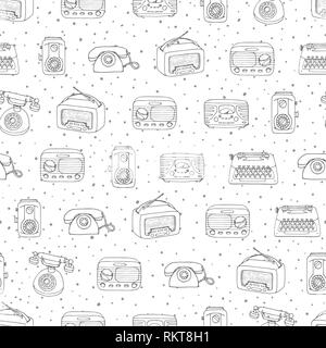 Vector retro seamless pattern with antique tech, radio and typewriter outline on the dotted background. Hand drawn vintage objects from 1950s and 1960 Stock Vector