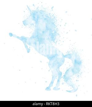 Watercolor unicorn silhouette painting with splatter isolated on white background. Blue magic creature vector illustration. Stock Vector
