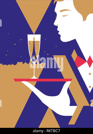 Waiter serving champagne on tray Stock Photo