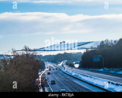 A snowy winter's day along the M4 in Wiltshire. Stock Photo