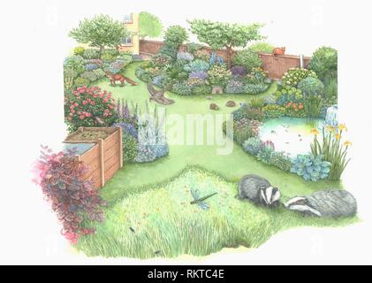 Various plants and animals in garden Stock Photo