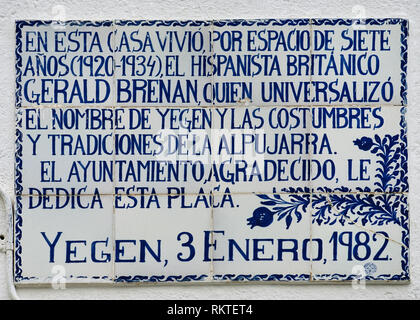 Edward Fitzgerald 'Gerald Brenan' (1894-1987). British writer and hispanist. Memorial ceramic plate dedicated to the writer in 1982. Located in the house where he lived from 1920 to 1934. Yegen. Alpujarras, Granada province, Andalusia, Spain. Stock Photo