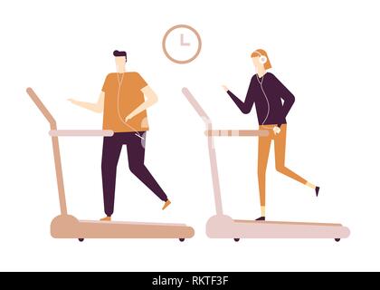 People running on treadmill - flat design style colorful illustration Stock Vector