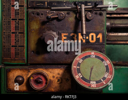 control panel of vintage metal processing machine Stock Photo