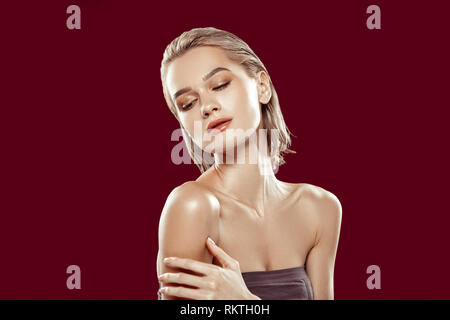 Model with blonde short hair having nice natural makeup Stock Photo