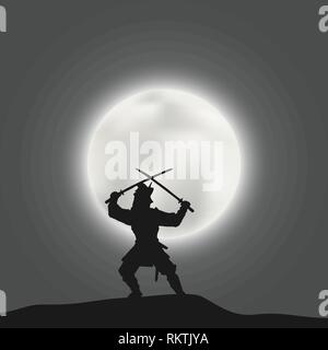 Japanese warrior samurai crossed two swords on the background of a bright moon disk Stock Vector
