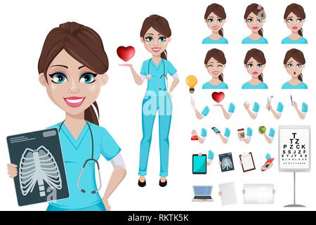 Medical doctor woman. Medicine, healthcare concept. Beautiful cartoon character. Pack of body parts, emotions and things. Build your personal design.  Stock Vector