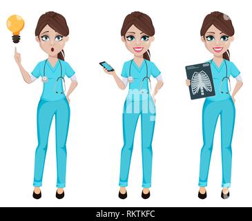 Medical doctor woman, set of three poses. Medicine, healthcare concept. Beautiful cartoon character having a good idea, holding smartphone and holding Stock Vector