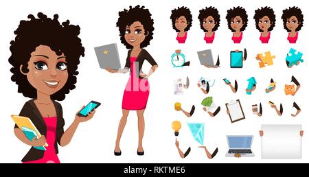 Young African American business woman in casual clothes. Pack of body parts, emotions and things. Cartoon character businesswoman. Build you unique de Stock Vector