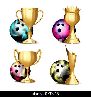 Bowling Game Award Set Vector. Bowling Ball, Golden Cup. Modern Bowling Tournament. Design For Sport Promotion. Certificate, Diploma. Sport Event Stock Vector