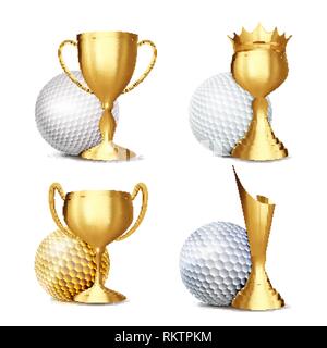 Golf Game Award Set Vector. Golf Ball, Golden Cup. Modern Golf Tournament. Design For Sport Promotion. Certificate, Diploma. Sport Event Announcement Stock Vector