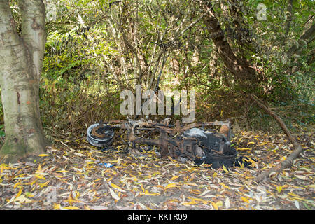 Sheffield, UK: Oct 20 2016: A burned out rusty old moped abandoned in the woods beside the forest path where it was set on fire, in Woodthorpe Ravine Stock Photo