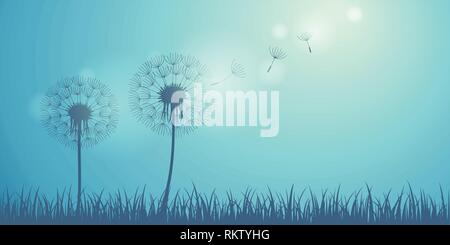 dandelion silhouette on blue background with flying seeds vector illustration EPS10 Stock Vector