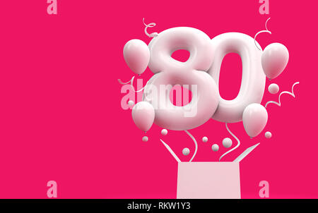 Happy 80th birthday surprise balloon and box. 3D Rendering Stock Photo