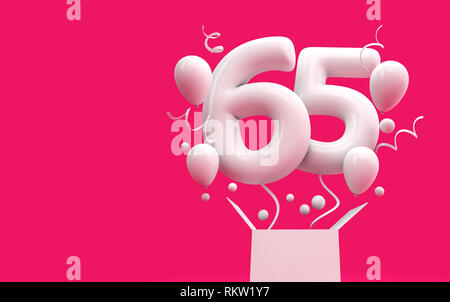 Happy 65th birthday surprise balloon and box. 3D Rendering Stock Photo