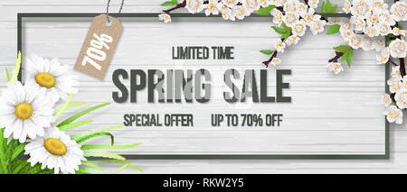 Spring sale frame chamomile wood blooming branch. Stock Vector