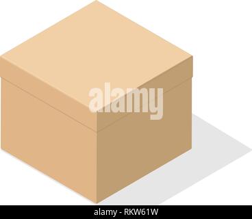 A miniature 3D box in the version with a closed lid of light brown cardboard. Object on a white background with flat shadow for icons, ads, banners, f Stock Vector