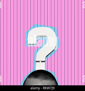 a cutout of a man with a question mark on his head in black and white, on a pink background patterned with vertical lines, as a contemporary art colla Stock Photo