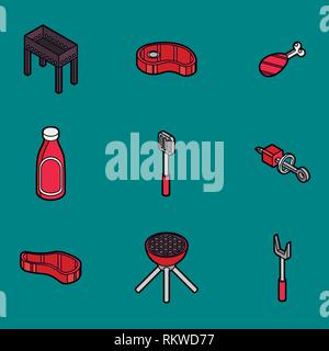 BBQ color outline isometric icons. Barbecue Food flyer. Barbecue advertisement. Vector illustration, EPS 10 Stock Vector