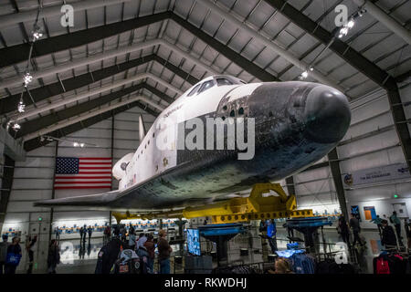 Endeavour space shuttle inside its hanger at the California Science Center in Los Angeles. Stock Photo