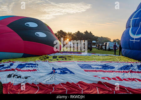 Ballons inflating at sunrise during the Northampton Balloon festival. Stock Photo