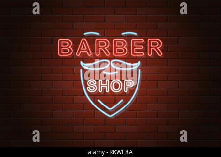 glowing neon signboard barber shop vector illustration on brick wall background Stock Vector