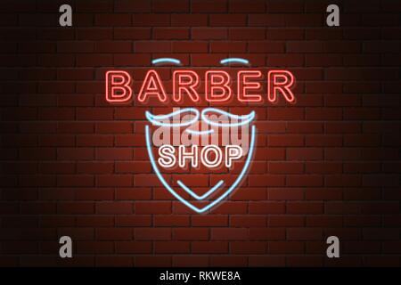 glowing neon signboard barber shop vector illustration on brick wall background Stock Vector
