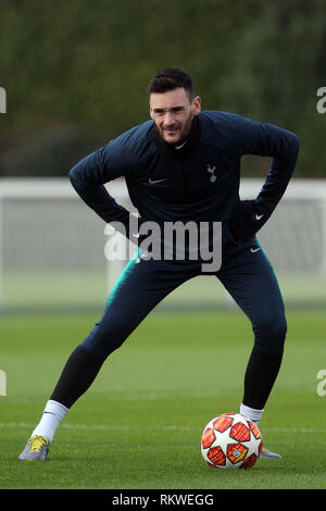 London, UK. 12th Feb 2019. Hugo Lloris , the goalkeeper of Tottenham Hotspur in action during training. UEFA Champions league, Tottenham Hotspur FC team training at the Tottenham Hotspur Training centre in Enfield, London on Tuesday 12th February 2019. the team are training ahead of tomorrow's match against Borussia Dortmund. this image may only be used for Editorial purposes. Editorial use only, license required for commercial use. No use in betting, games or a single club/league/player publications . pic by Steffan Bowen/Andrew Orchard sports photography/Alamy Live news Stock Photo