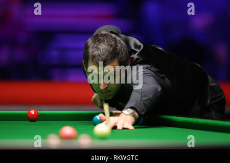 Cardiff, Wales, UK. 12th Feb, 2019. Ronnie O'Sullivan in action during his 1st round match against Sanderson Lam. Welsh Open snooker, day 2 at the Motorpoint Arena in Cardifft, South Wales on Tuesday 12th February 2019. pic by Credit: Andrew Orchard/Alamy Live News Stock Photo