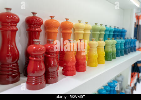 Frankfurt, Germany. 11th Feb, 2019. Impressions from the Ambiente trade fair 2019: Le Creuset pepper mill show display. Credit: Markus Wissmann/Alamy Live News Stock Photo
