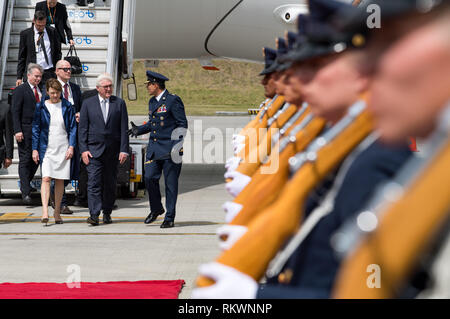 12 February 2019, Colombia, Bogotá: President Frank-Walter Steinmeier and his wife Elke Büdenbender arrive at El Dorado International Airport. Steinmeier and his wife visit Colombia and Ecuador on the occasion of Alexander von Humboldt's 250th birthday as part of a five-day trip to Latin America. Photo: Bernd von Jutrczenka/dpa Stock Photo