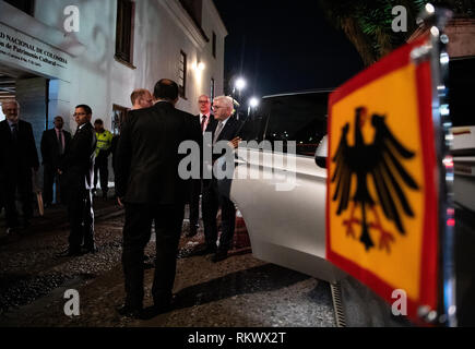 12 February 2019, Colombia, Bogotá: Federal President Frank-Walter Steinmeier is bid farewell by Stefan Peters, Director of the German-Colombian Peace Institute 'CAPAZ', at the San Augustin Monastery. Federal President Steinmeier and his wife are visiting Colombia and Ecuador on the occasion of Alexander von Humboldt's 250th birthday as part of a five-day trip to Latin America. Photo: Bernd von Jutrczenka/dpa Stock Photo