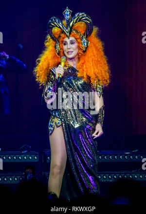 DETROIT, MI - FEBRUARY 12: Cher performs during her 'Here We Go Again' tour at Little Casears Arena on Febuary 12, 2019 in Detroit, Michigan. Photo: James Peyton/imageSPACE/MediaPunch Stock Photo