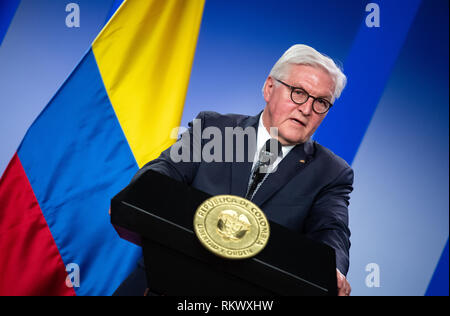 12 February 2019, Colombia, Bogotá: Federal President Frank-Walter Steinmeier will speak at a press conference with the President of Colombia, Marquez, after her talks at the President's office. Federal President Steinmeier and his wife are visiting Colombia and Ecuador on the occasion of Alexander von Humboldt's 250th birthday as part of a five-day trip to Latin America. Photo: Bernd von Jutrczenka/dpa Stock Photo