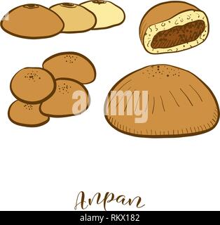 Colored sketches of Anpan bread. Vector drawing of Sweet bun food, usually known in Japan. Colored Bread illustration series. Stock Vector